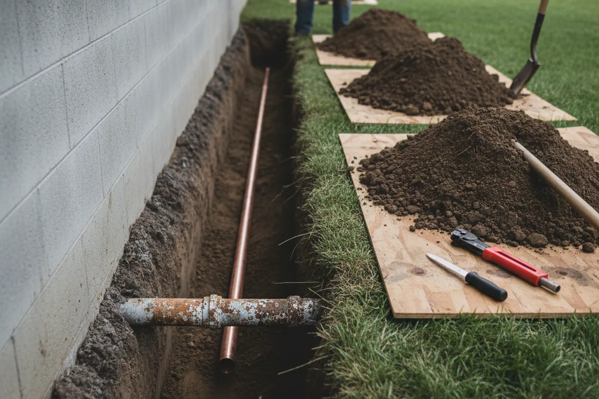 Excavated water line trench during Sewer Line Repair in Bethel